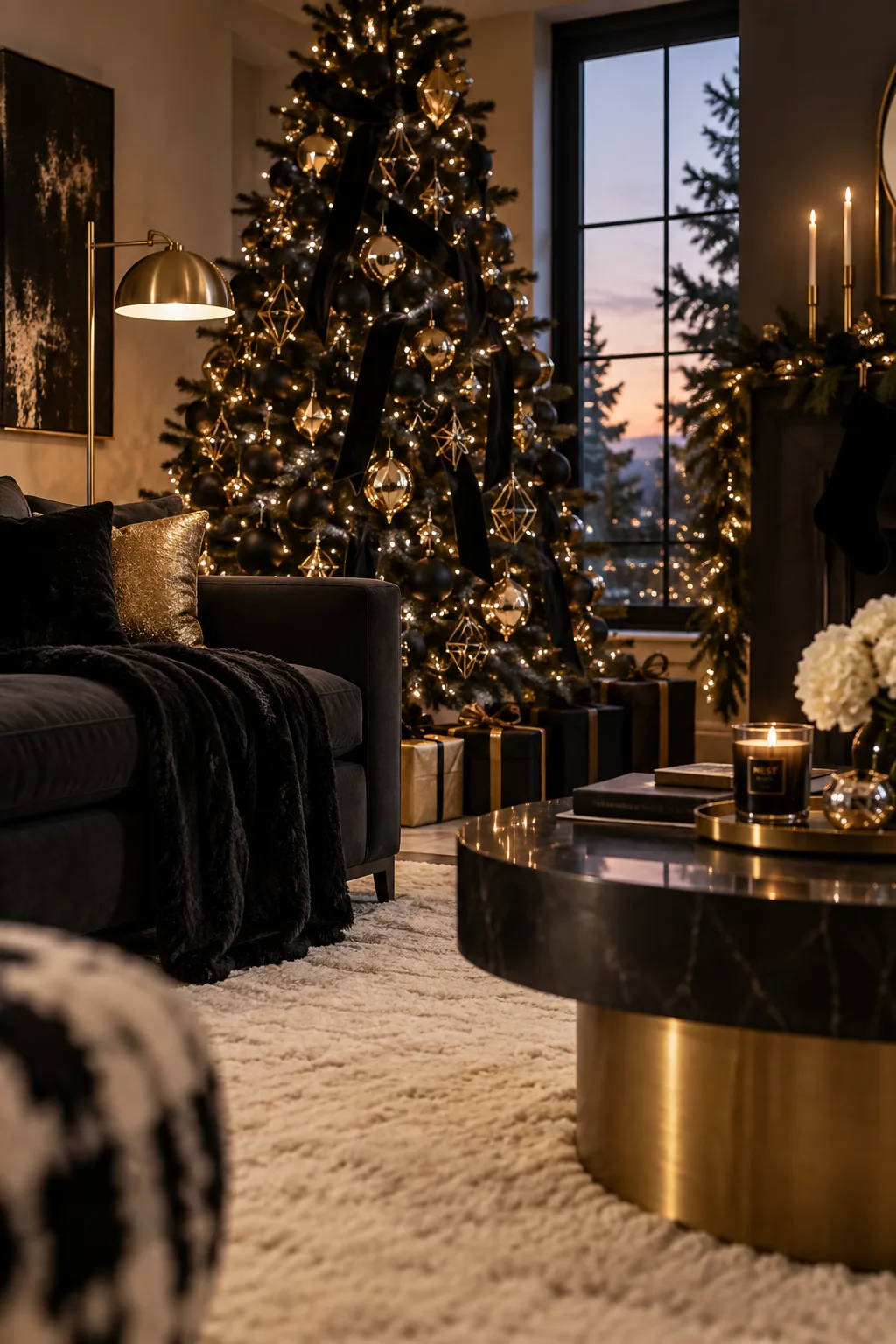 Modern Christmas tree with matte black ornaments and gold geometric shapes