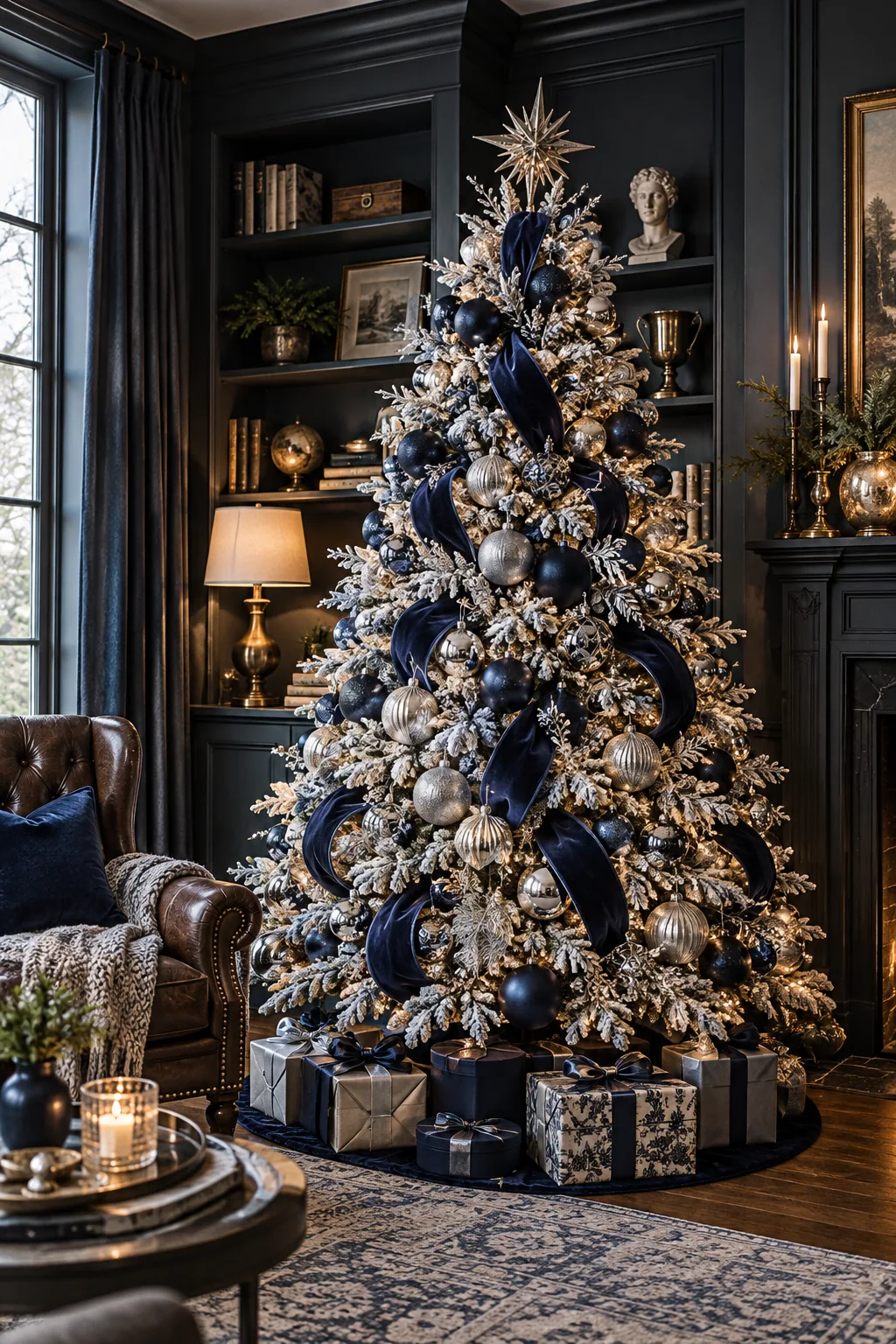 A flocked Christmas tree decorated with navy blue velvet ribbon and silver ornaments in a dark study.