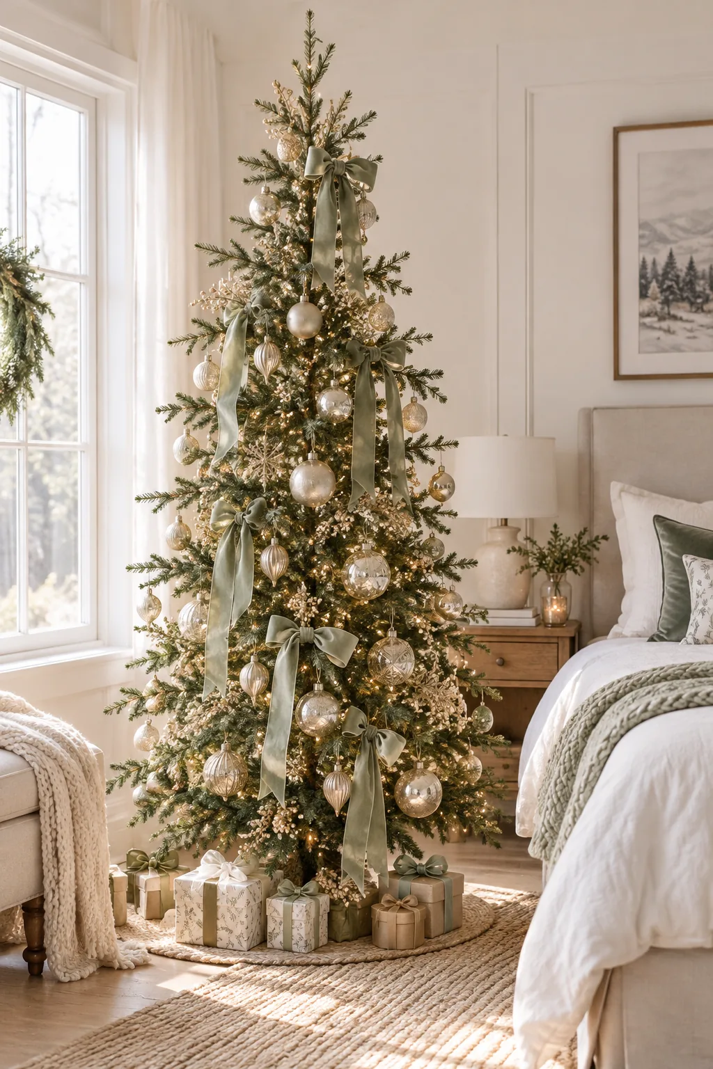 A sparse alpine Christmas tree decorated with sage green ribbon and champagne ornaments in a minimalist bedroom.