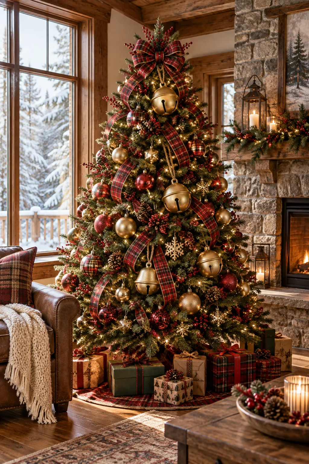 A full balsam fir Christmas tree decorated with red plaid ribbon and gold bells in a rustic cabin.