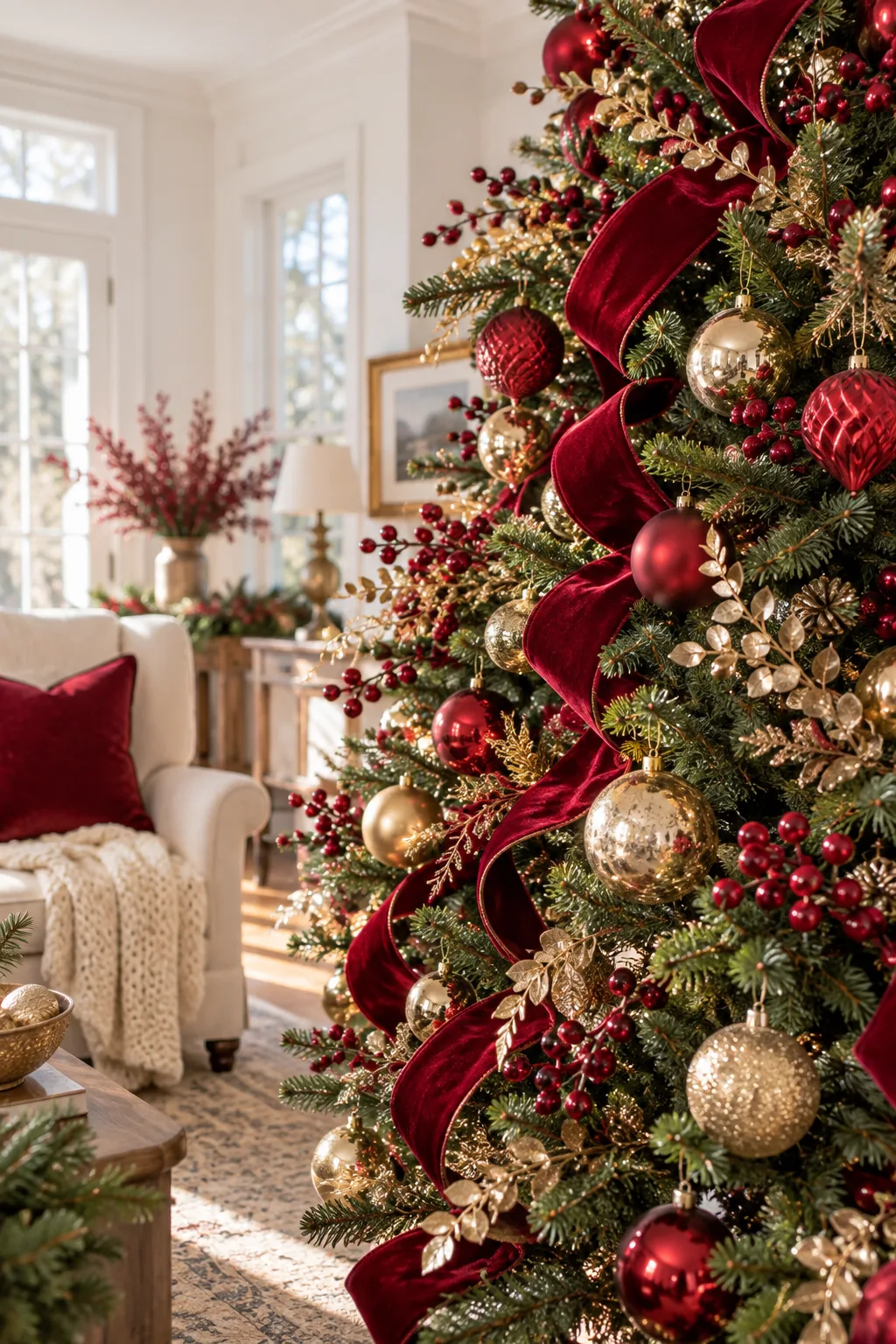 A beautifully styled living room featuring a 7-foot Christmas tree decorated in red and brass, illuminated by natural morning sunlight.
