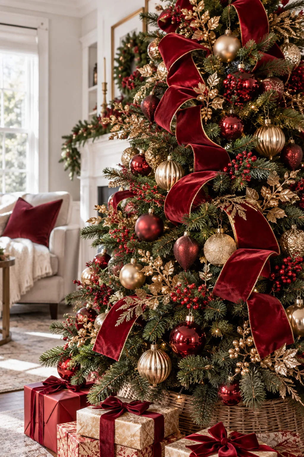 Close-up of plain red and brass Christmas ornaments tucked deeply into the interior branches of a green pine tree.
