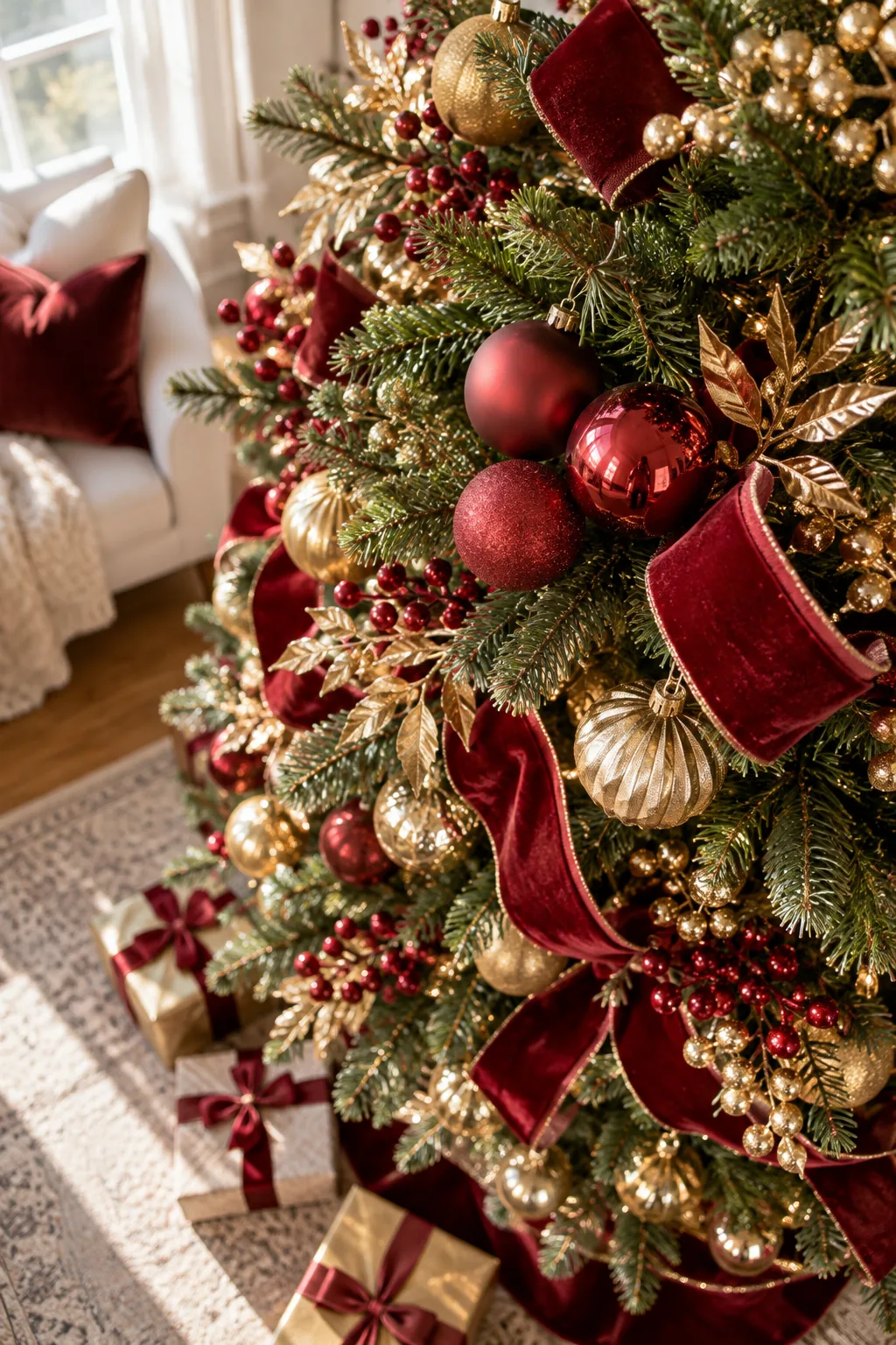 Cranberry red velvet ribbon tucked into green Christmas tree branches in short diagonal pleats.