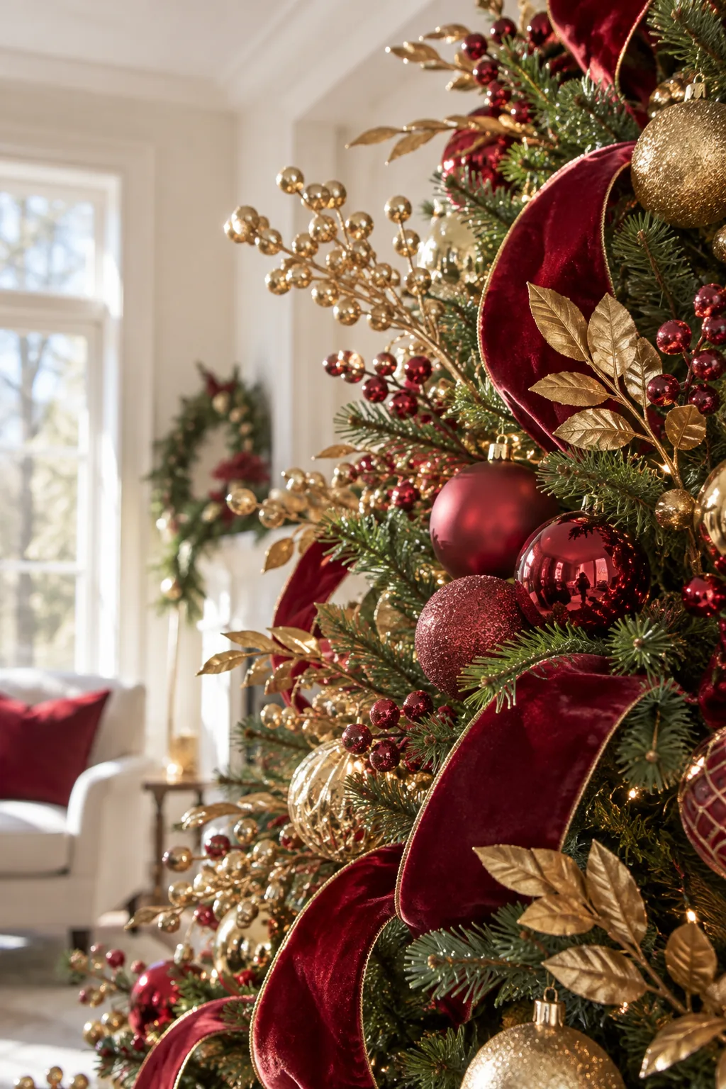 A tight cluster of three cranberry red Christmas ornaments in different finishes wired together on a pine branch.