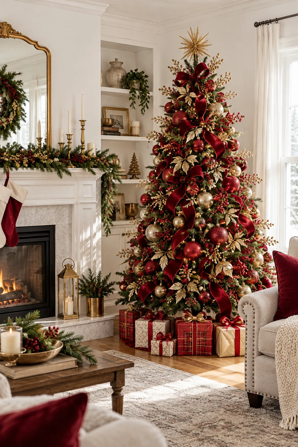 Glittered brass floral picks angled outward from the side of a decorated Christmas tree.