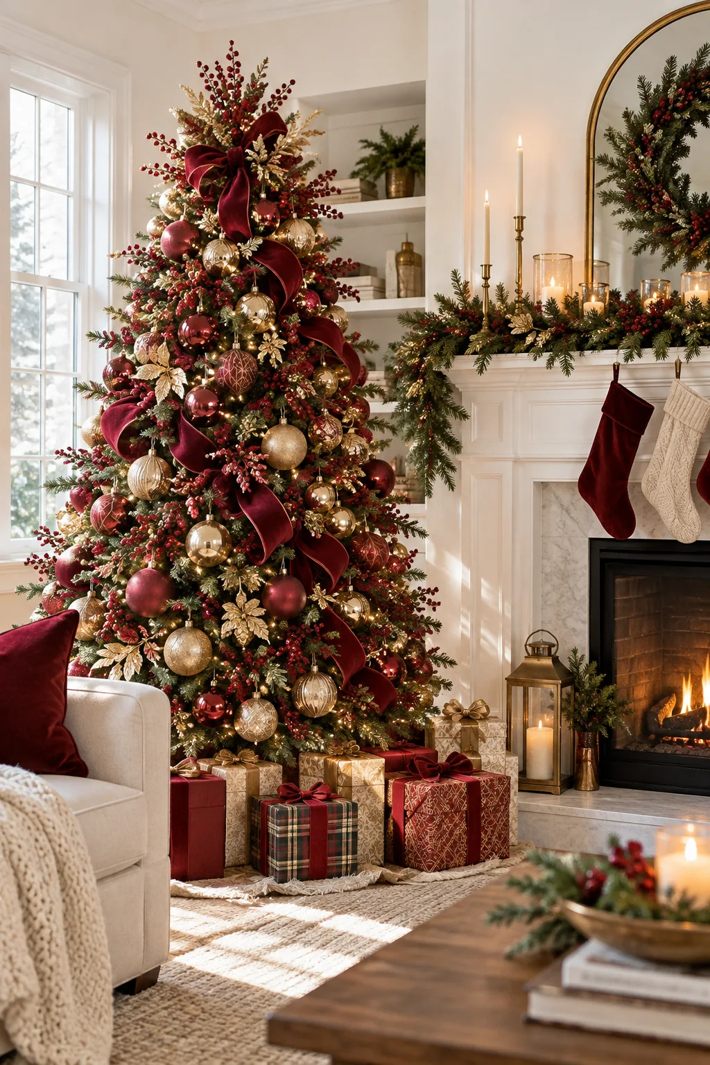 A perfectly scaled 7-foot Christmas tree standing next to a white fireplace mantel, with wrapped gifts underneath.