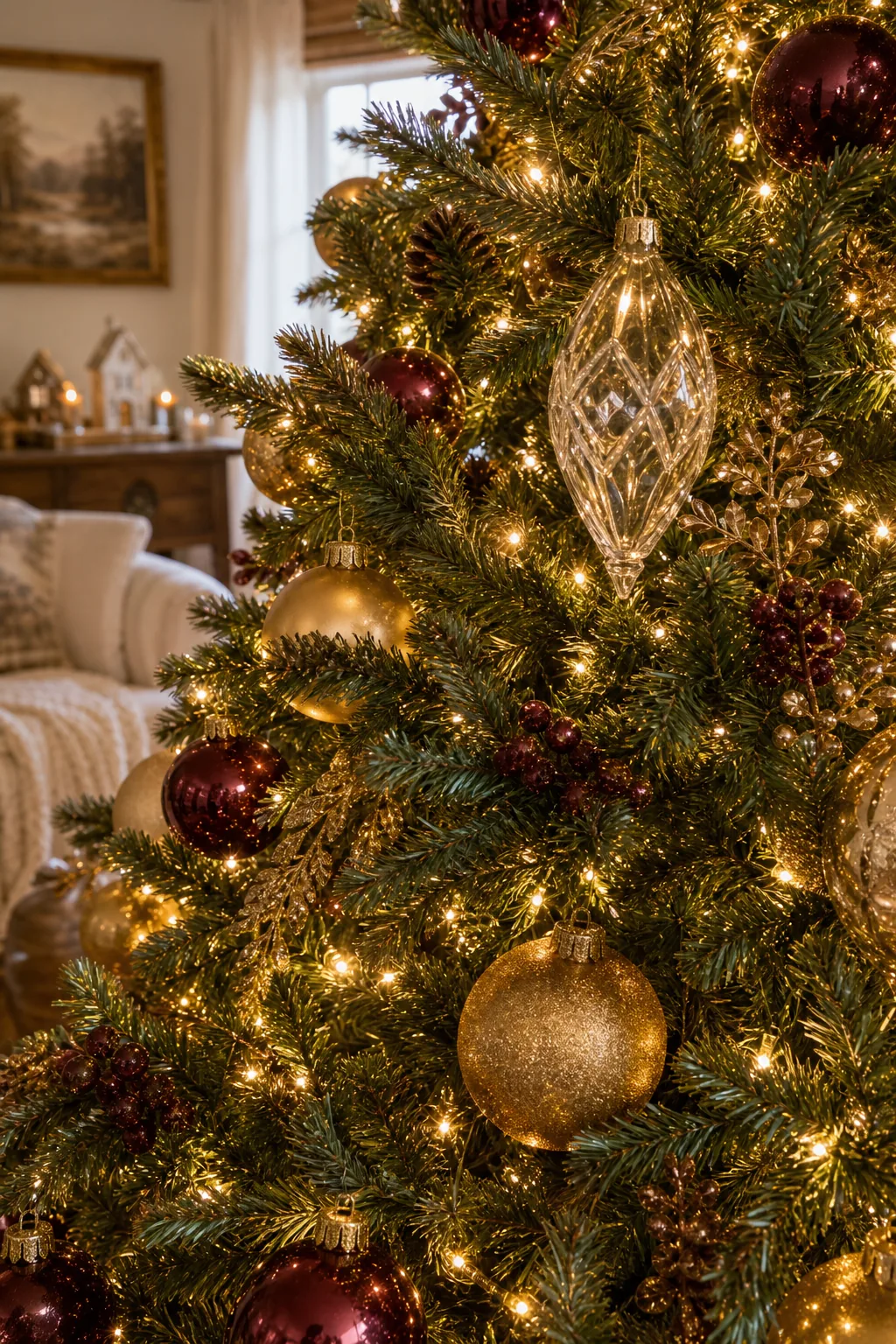Close-up of warm string lights wrapped densely around the inner branches of a Christmas tree near the trunk.