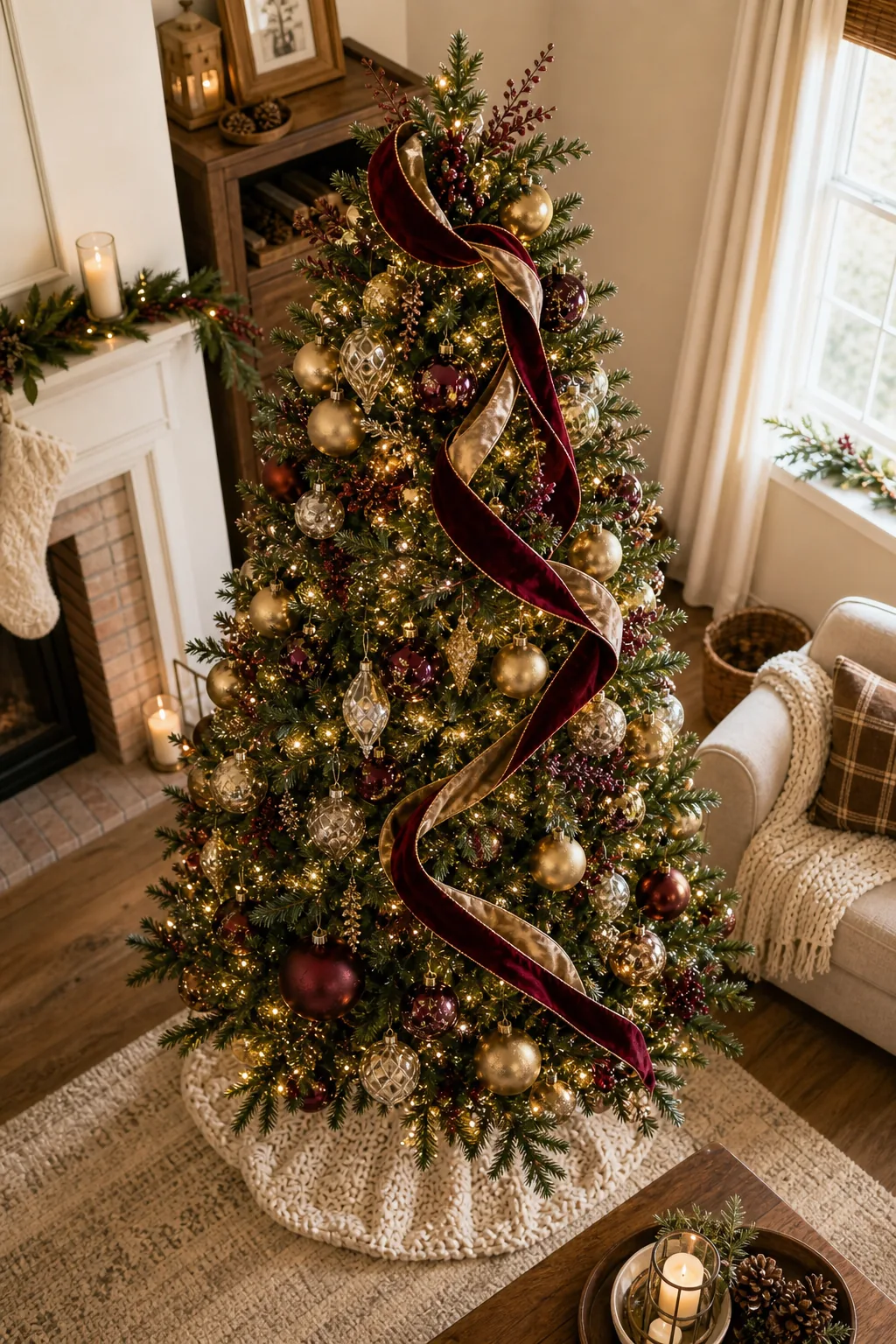 A Christmas tree showing a distinct diagonal cascade of velvet ribbon moving down the branches.