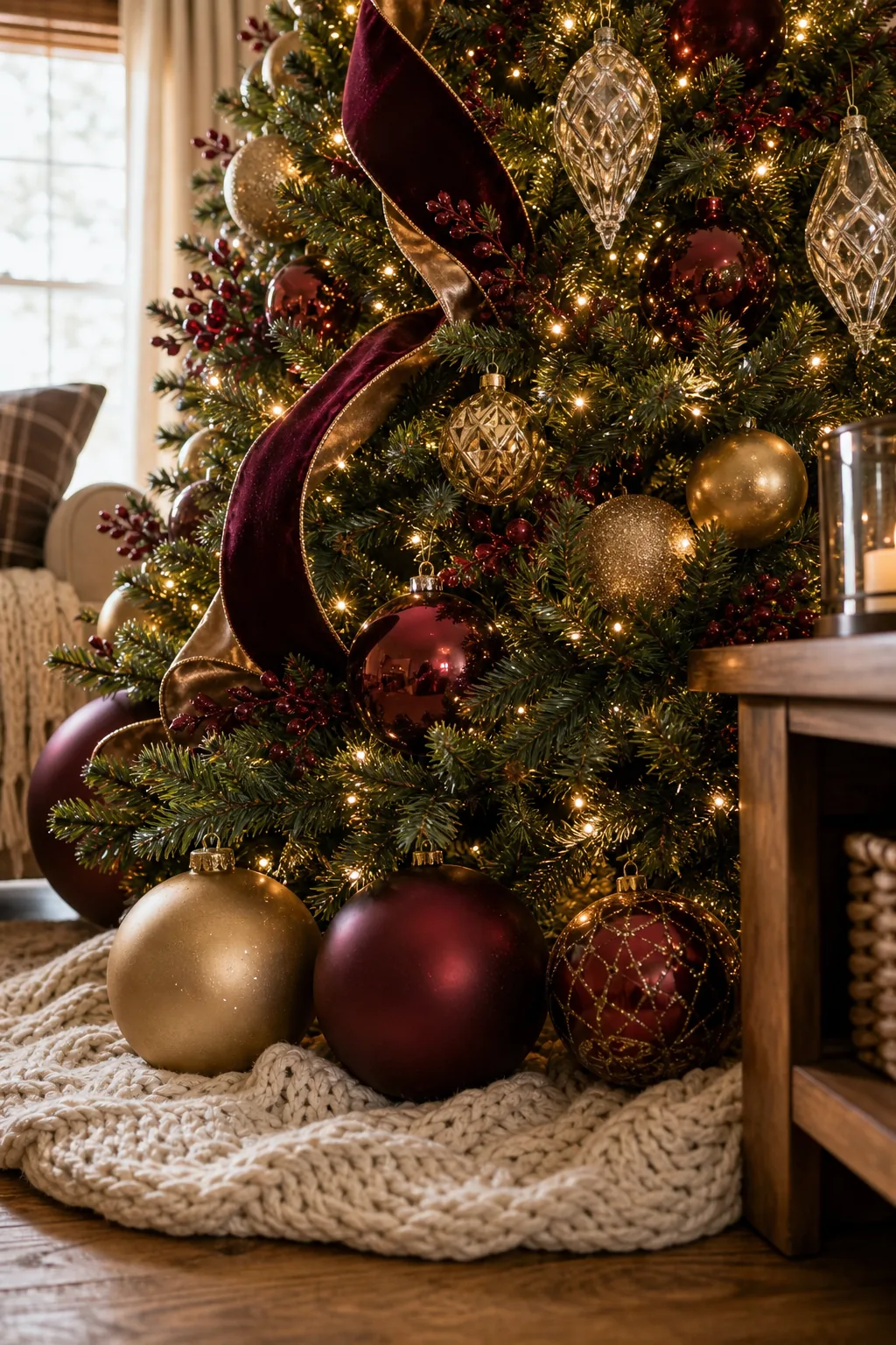 Oversized burgundy and gold ornaments decorating the lowest branches of a Christmas tree above a knit skirt.