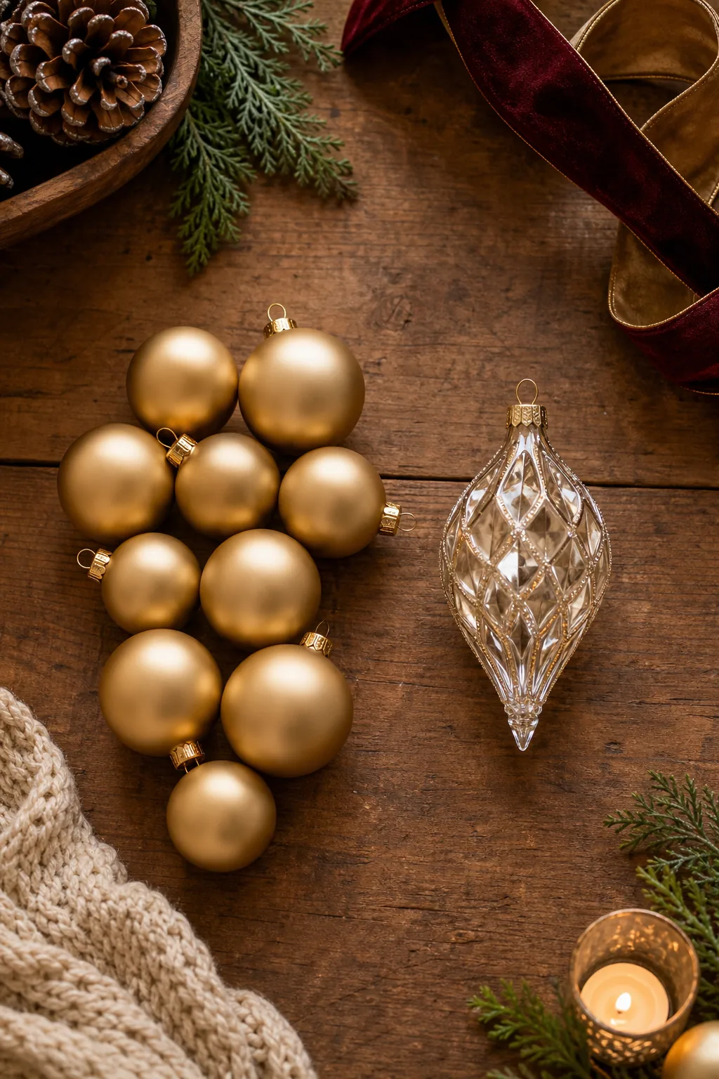 A wooden table displaying simple round gold baubles sorted next to a detailed glass teardrop ornament.