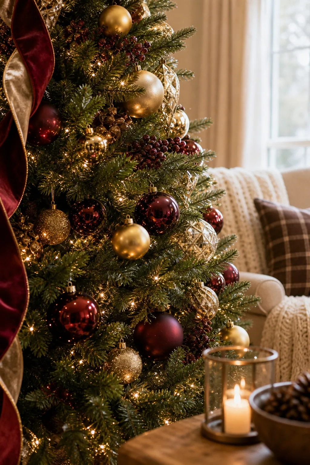 Simple gold and burgundy ornaments nestled deeply within the lit branches of a Christmas tree.