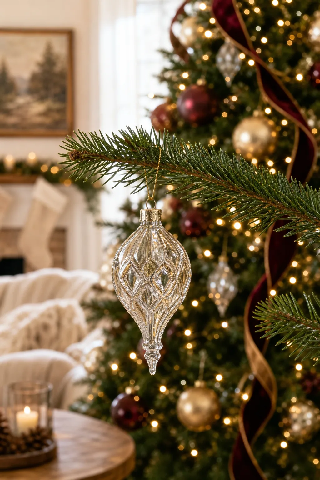 An ornate glass finial ornament hanging from the very tip of an outer Christmas tree branch.