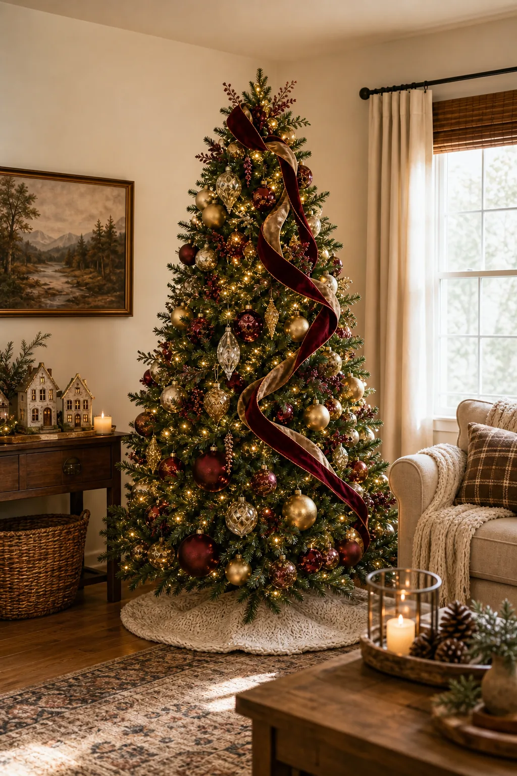 A fully decorated, glowing Christmas tree standing in a cozy, well-lit living room.