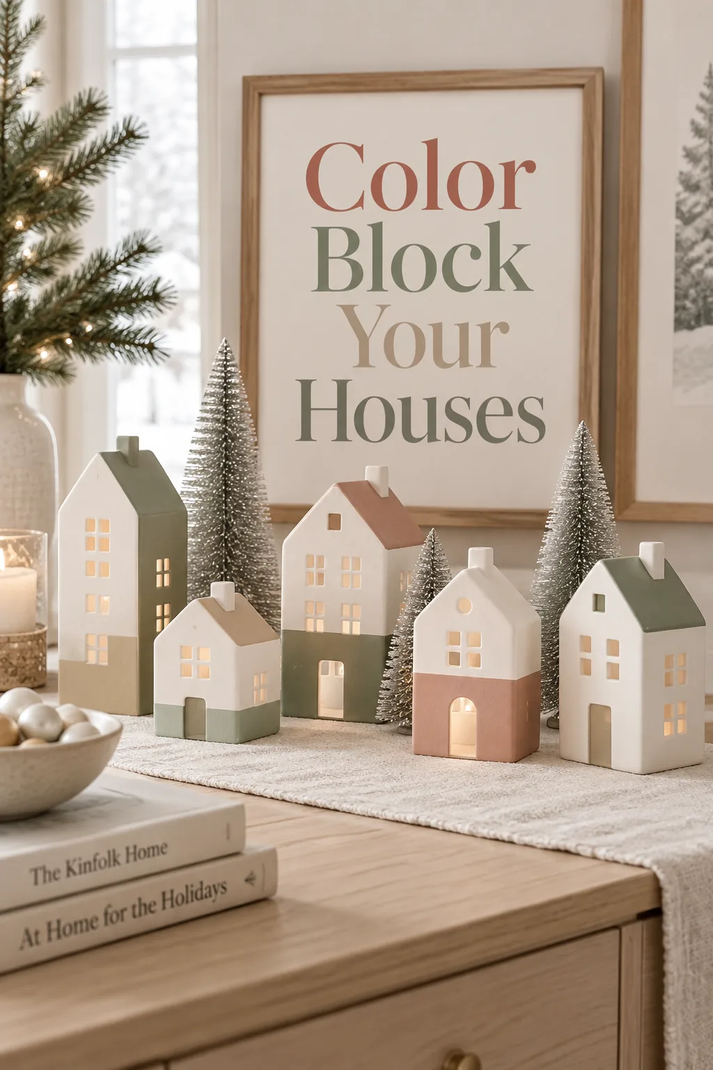 All-white ceramic Christmas village houses arranged with metallic bottle brush trees