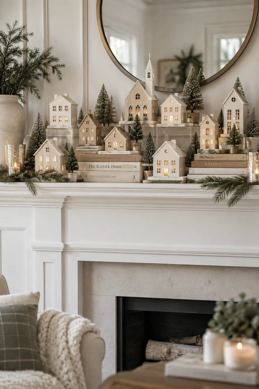 Christmas village houses displayed at varying heights using acrylic risers and books