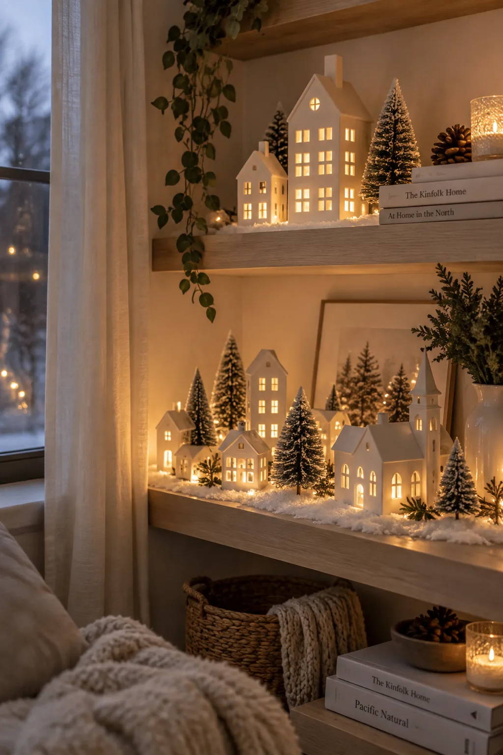 Miniature Christmas village houses glowing with warm white fairy lights woven through them