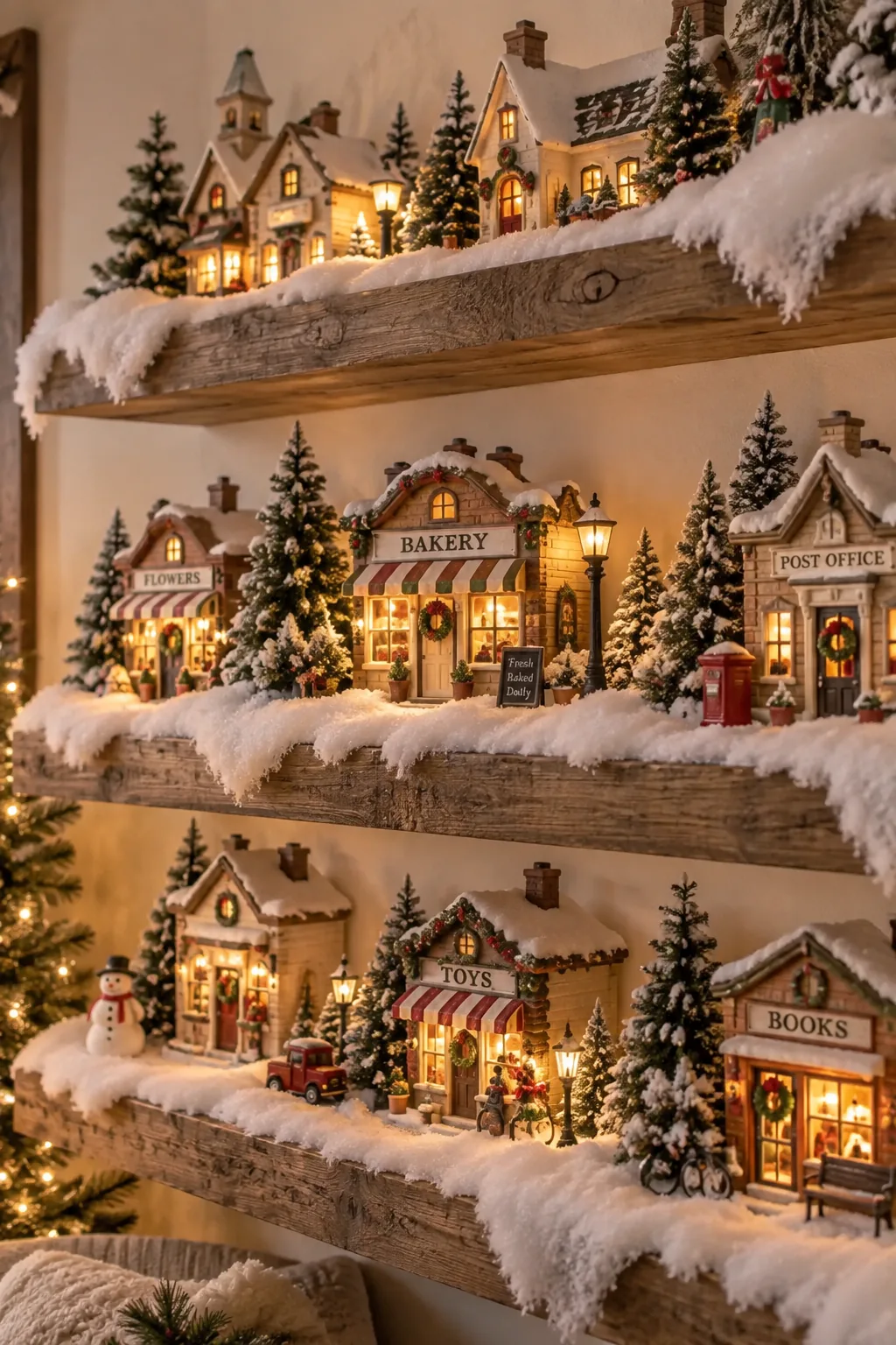 Three floating wall shelves decorated with a tiered Christmas village display