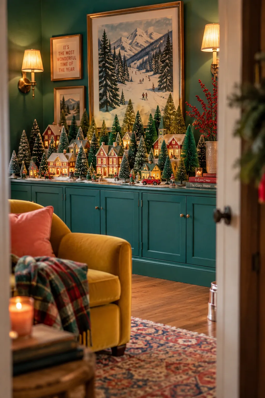 Ceramic Christmas houses surrounded by a dense arrangement of green sisal trees