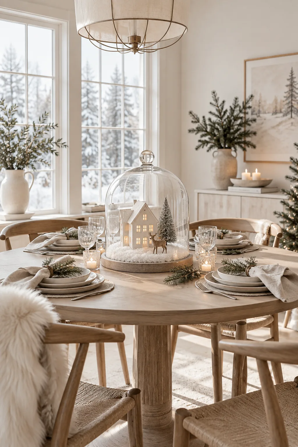 A single miniature Christmas house and small deer figure inside a glass cloche