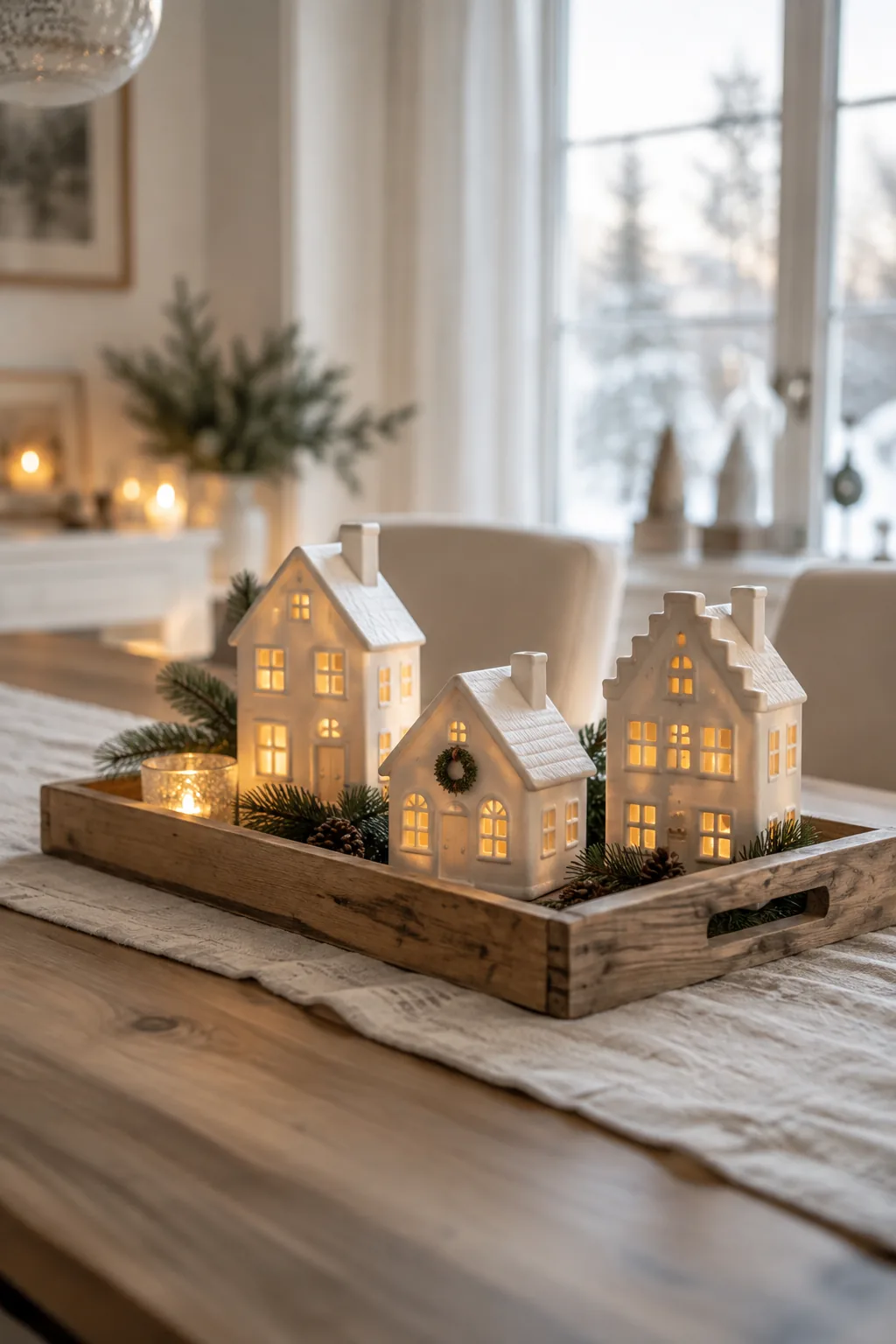 Three small Christmas houses arranged neatly on a round wooden serving tray