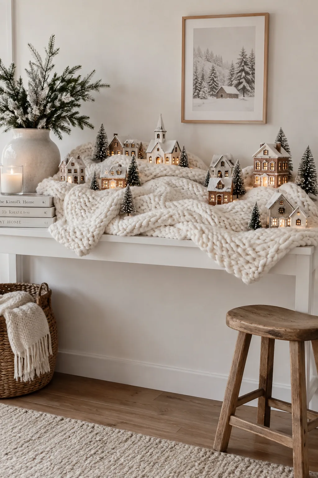 Miniature village houses nestled into the folds of a thick white chunky knit blanket