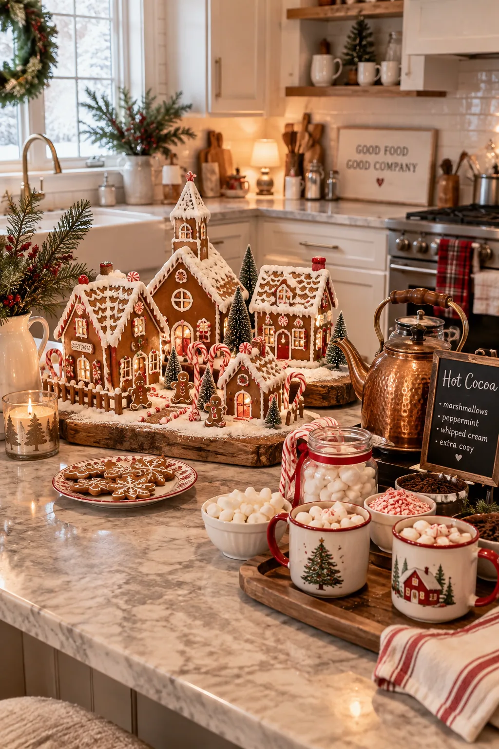 Faux gingerbread houses decorated with clay icing next to a hot cocoa station