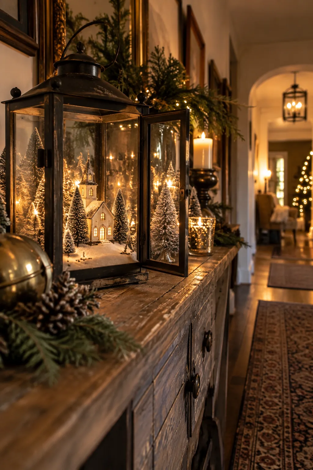 A miniature church and frosted trees styled inside an open vintage metal lantern