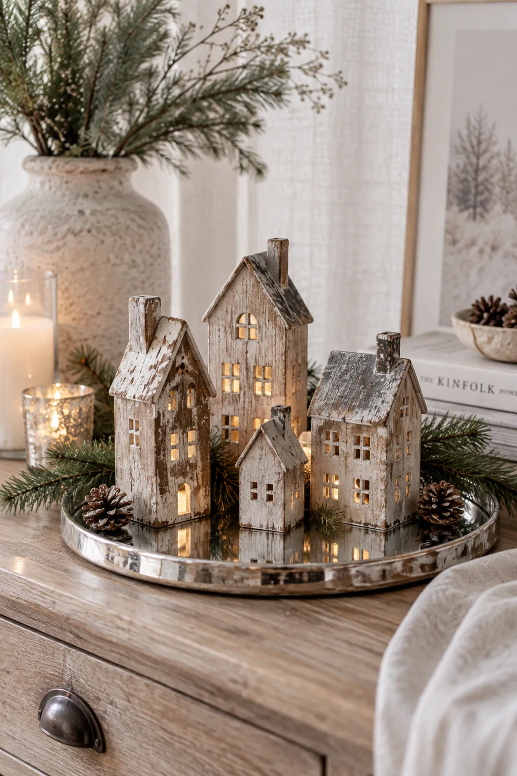 Vintage wooden Christmas houses sitting on a mirrored tray reflecting fairy lights