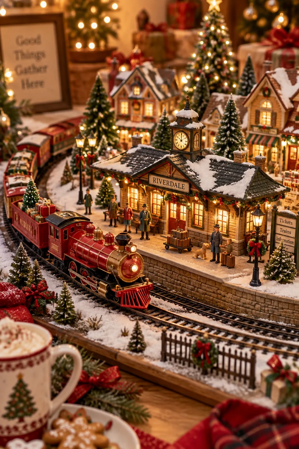 A model train circling a beautifully arranged Christmas village on a table