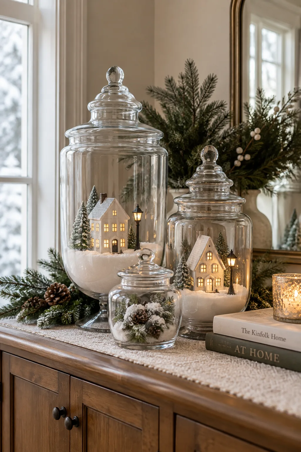 Glass apothecary jars filled with fake snow, a ceramic house, and tiny streetlamps