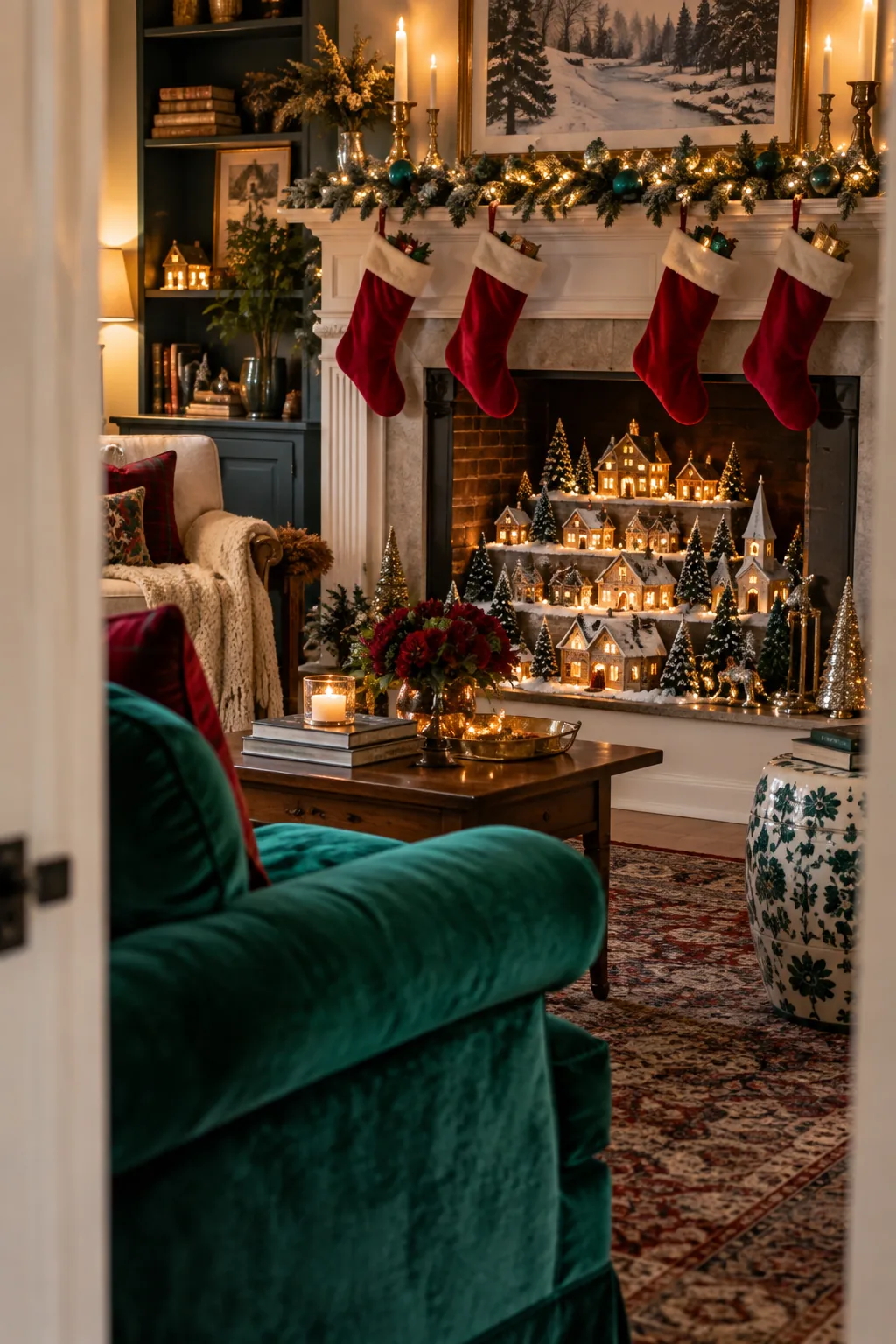 A glowing Christmas village arranged on tiered boxes inside a non-working fireplace