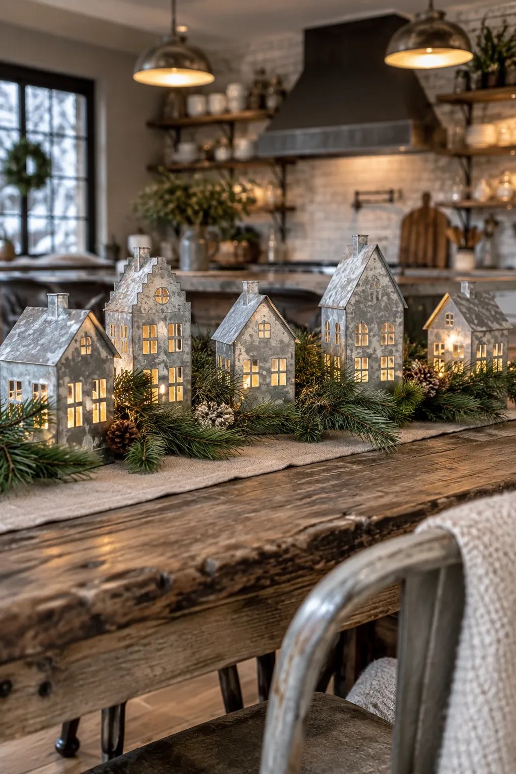 Galvanized metal Christmas houses styled with a fresh pine garland