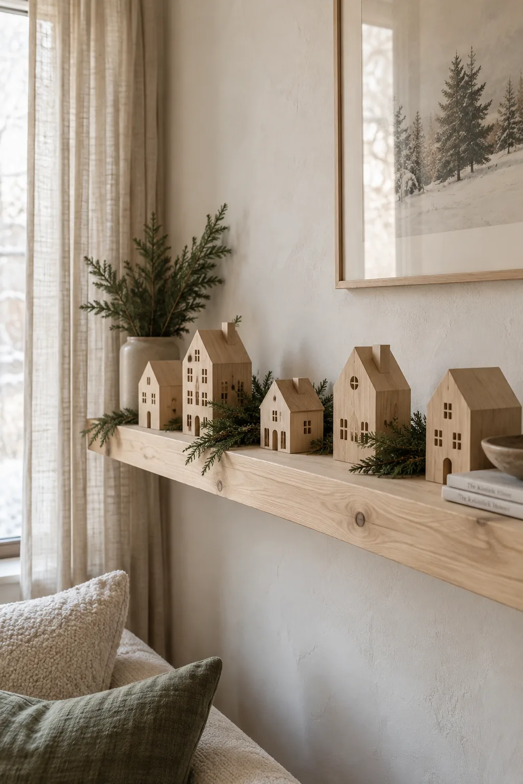 Unpainted wooden houses spaced evenly on a shelf with sprigs of fresh cedar