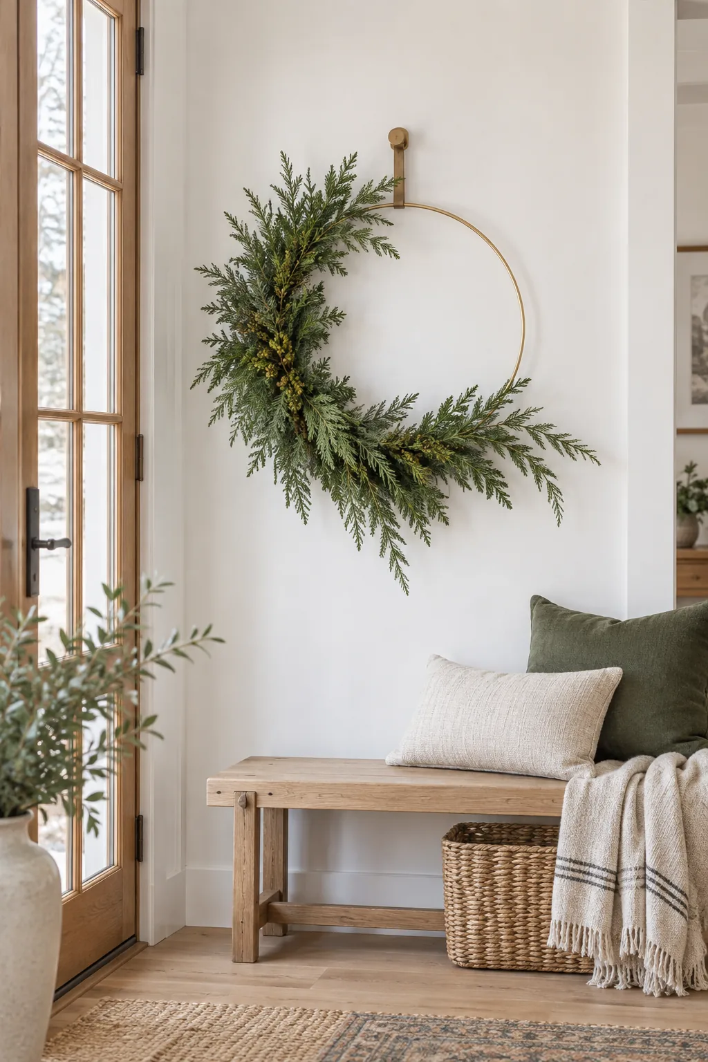 Minimalist asymmetrical cedar wreath on a brass ring in a modern entryway.