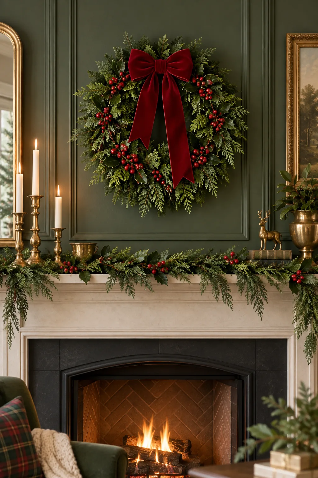 Classic dense fir wreath with holly and a red velvet bow above a mantel.