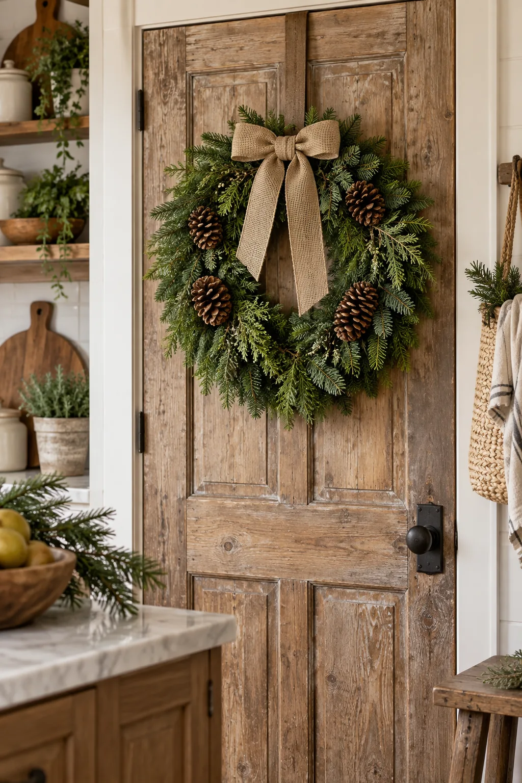 Rustic evergreen wreath with pinecones and a burlap ribbon on a weathered door.
