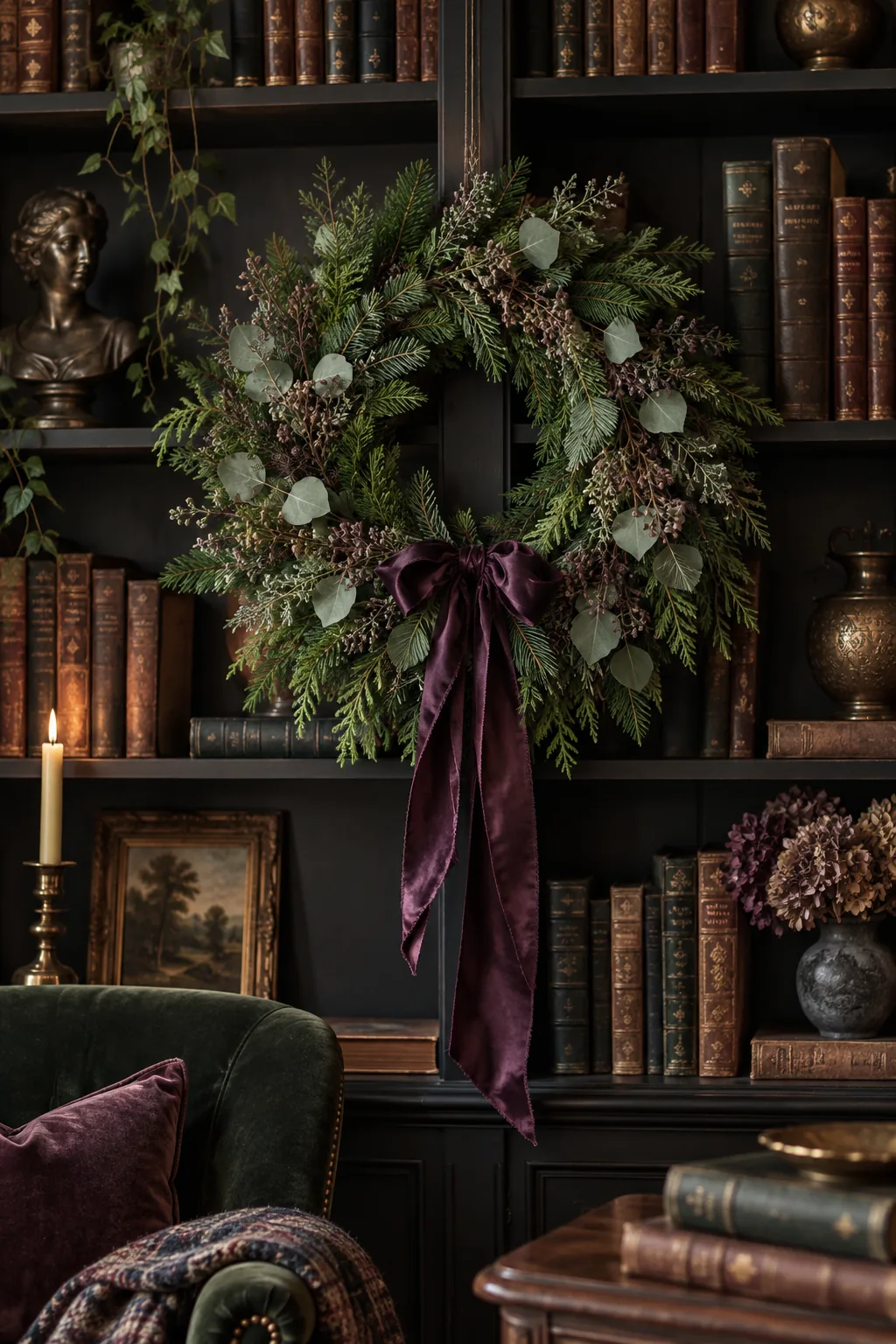 Moody Victorian wreath with dried eucalyptus and a plum silk ribbon against dark bookshelves.
