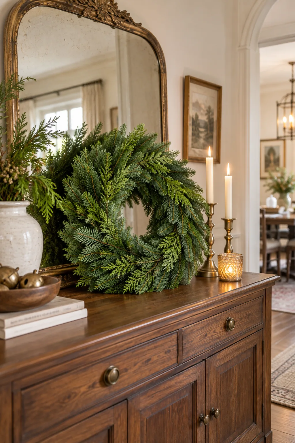 Lush fresh evergreen wreath hanging on a black front door.