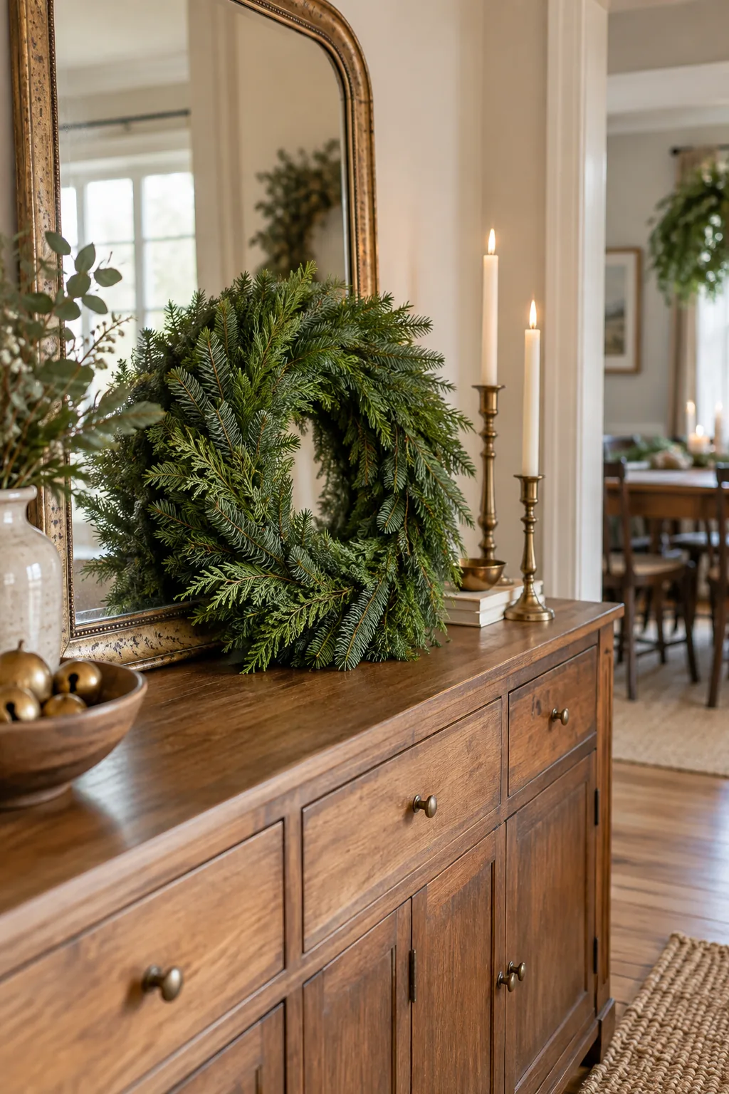 Completed 14-inch Christmas wreath leaning against a mirror on a dining room sideboard.