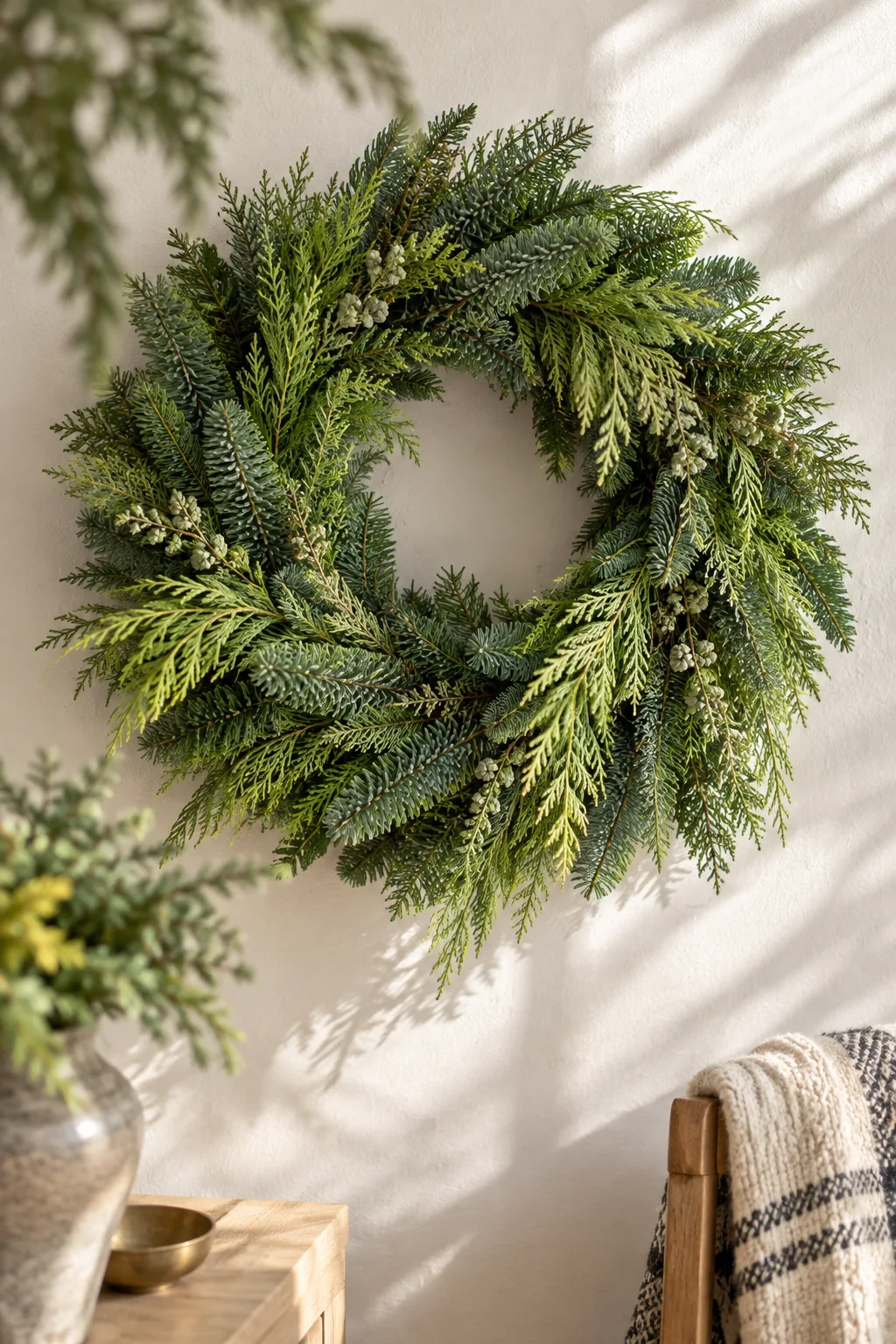 Fresh wreath hanging above a mudroom bench next to a galvanized bucket of cedar.