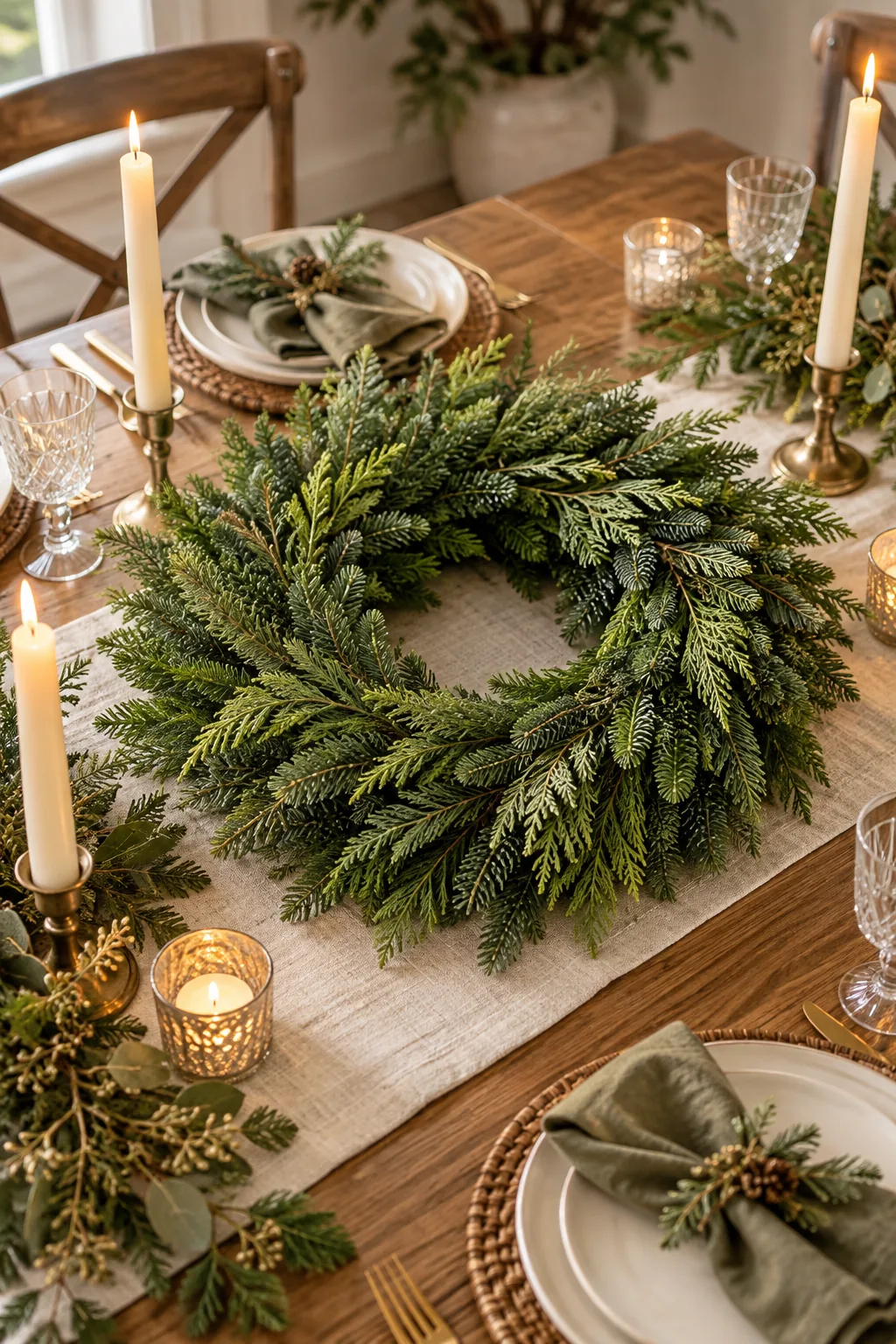 Close-up of a wreath showing soft cedar tips overlapping sturdy fir needles.