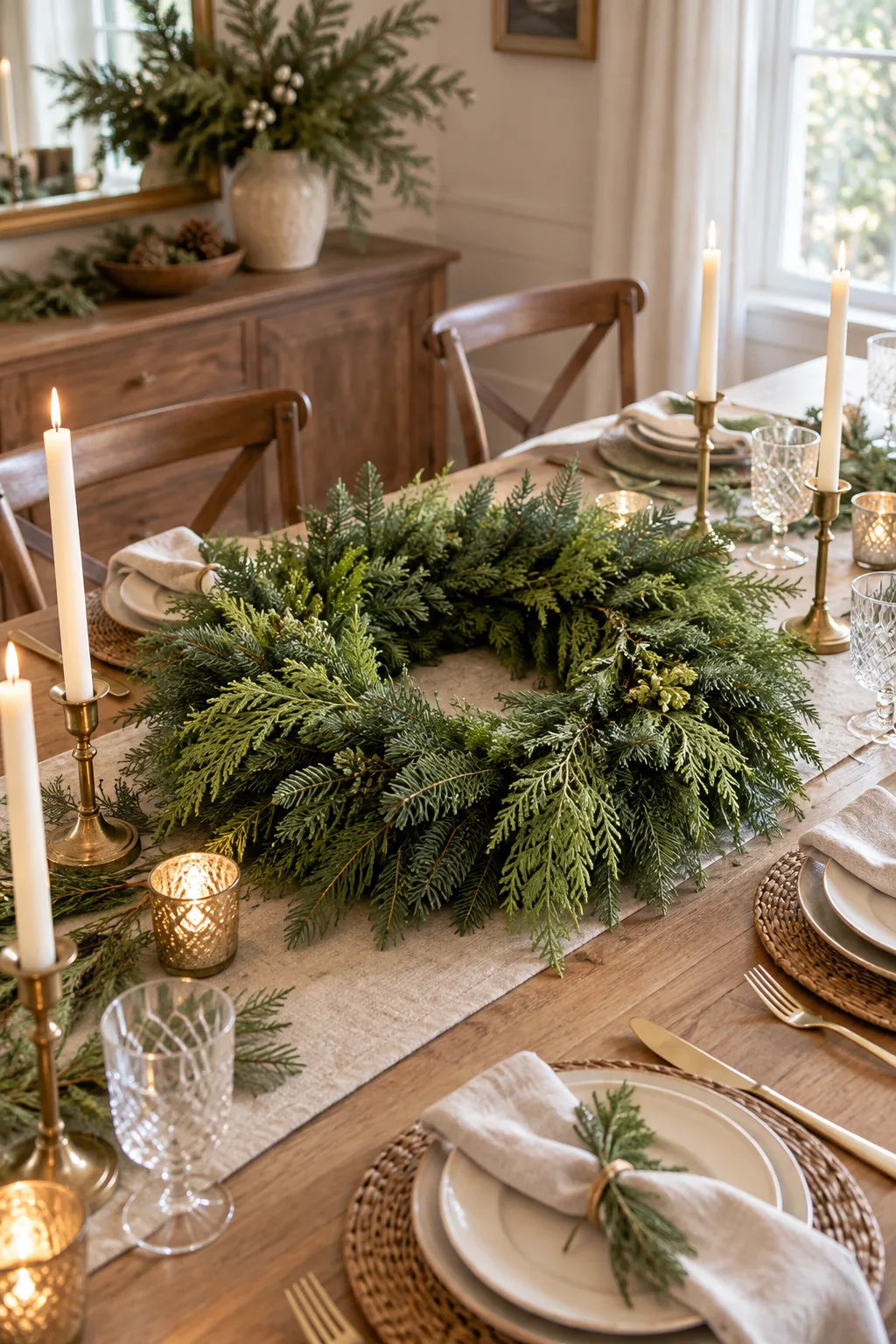 Wreath used as a dining table centerpiece showing a wide, flared profile.