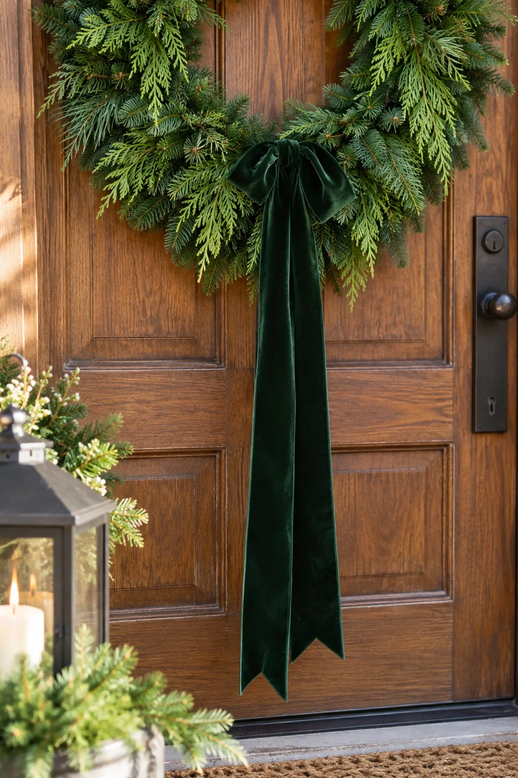 Bottom curve of a hanging wreath with a seamless green transition and velvet ribbon.