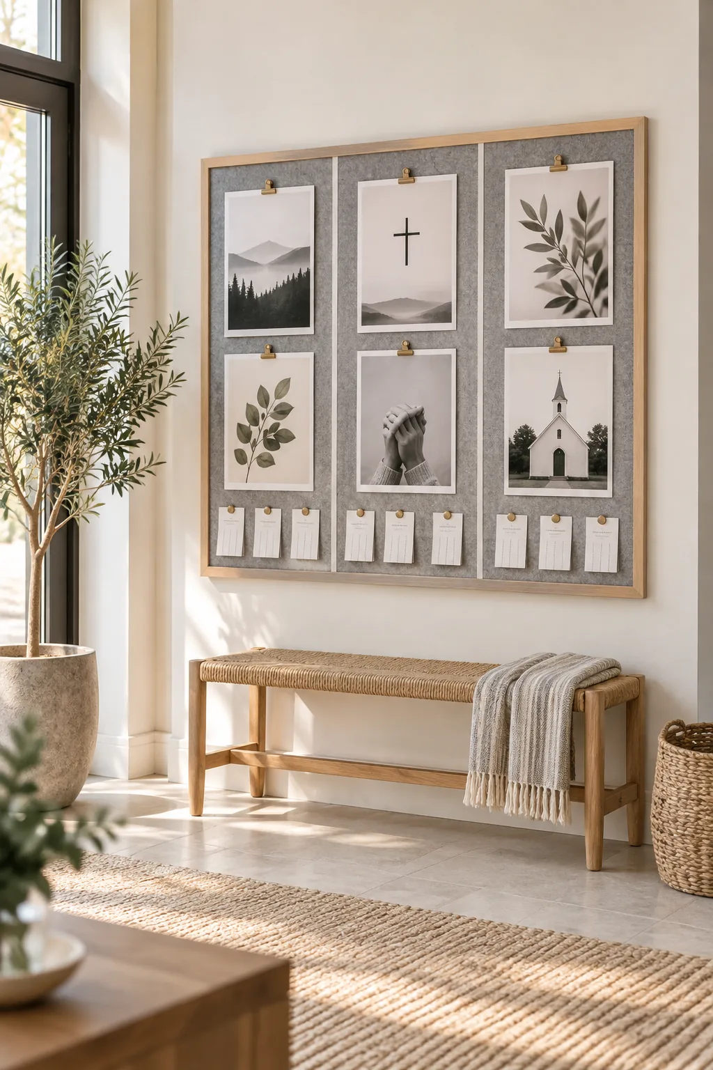 A minimalist Scandi church bulletin board with a light ash wood frame, grey felt, and monochrome flyers.