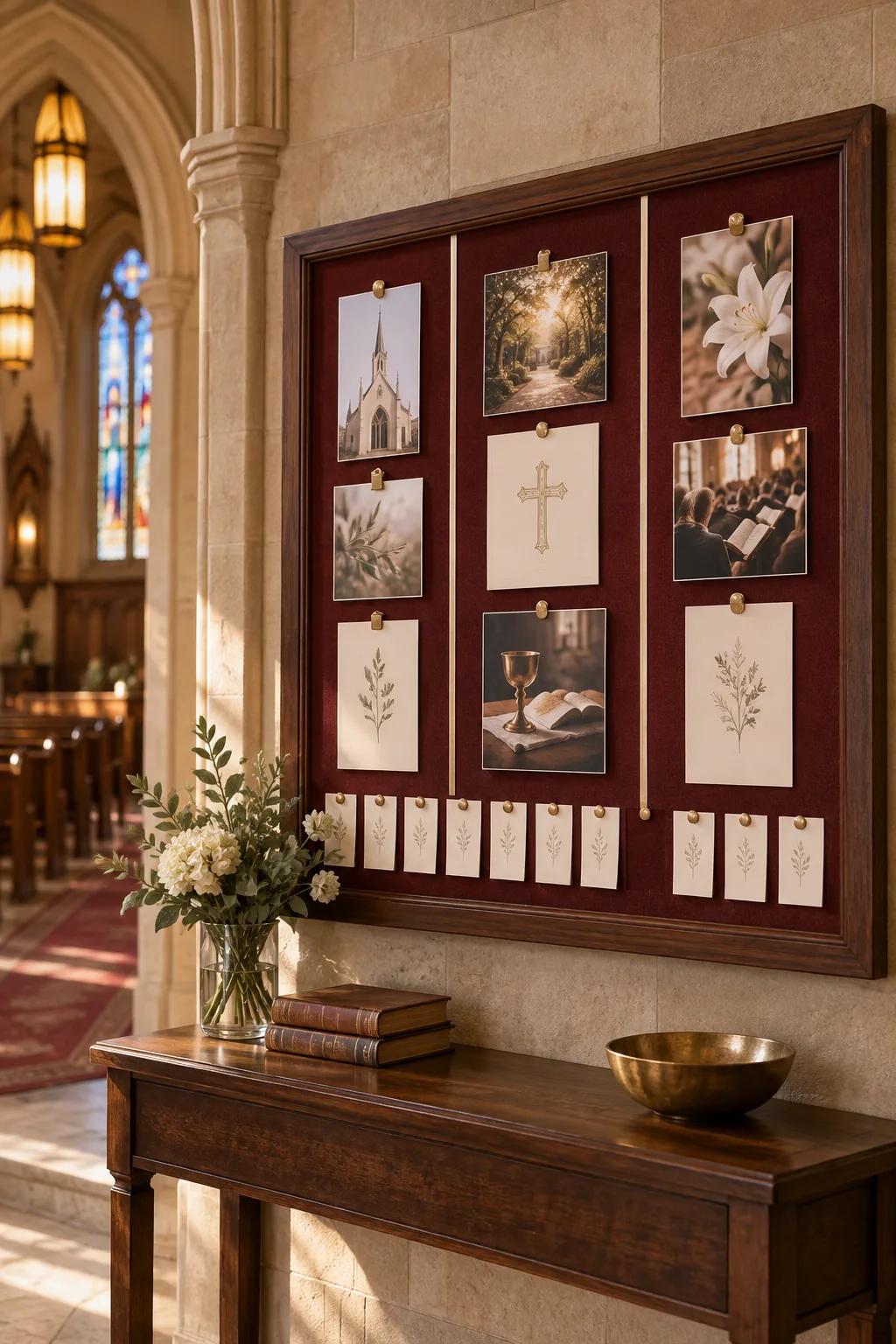 A traditional church bulletin board with a dark oak frame, burgundy fabric, and polished brass hardware.