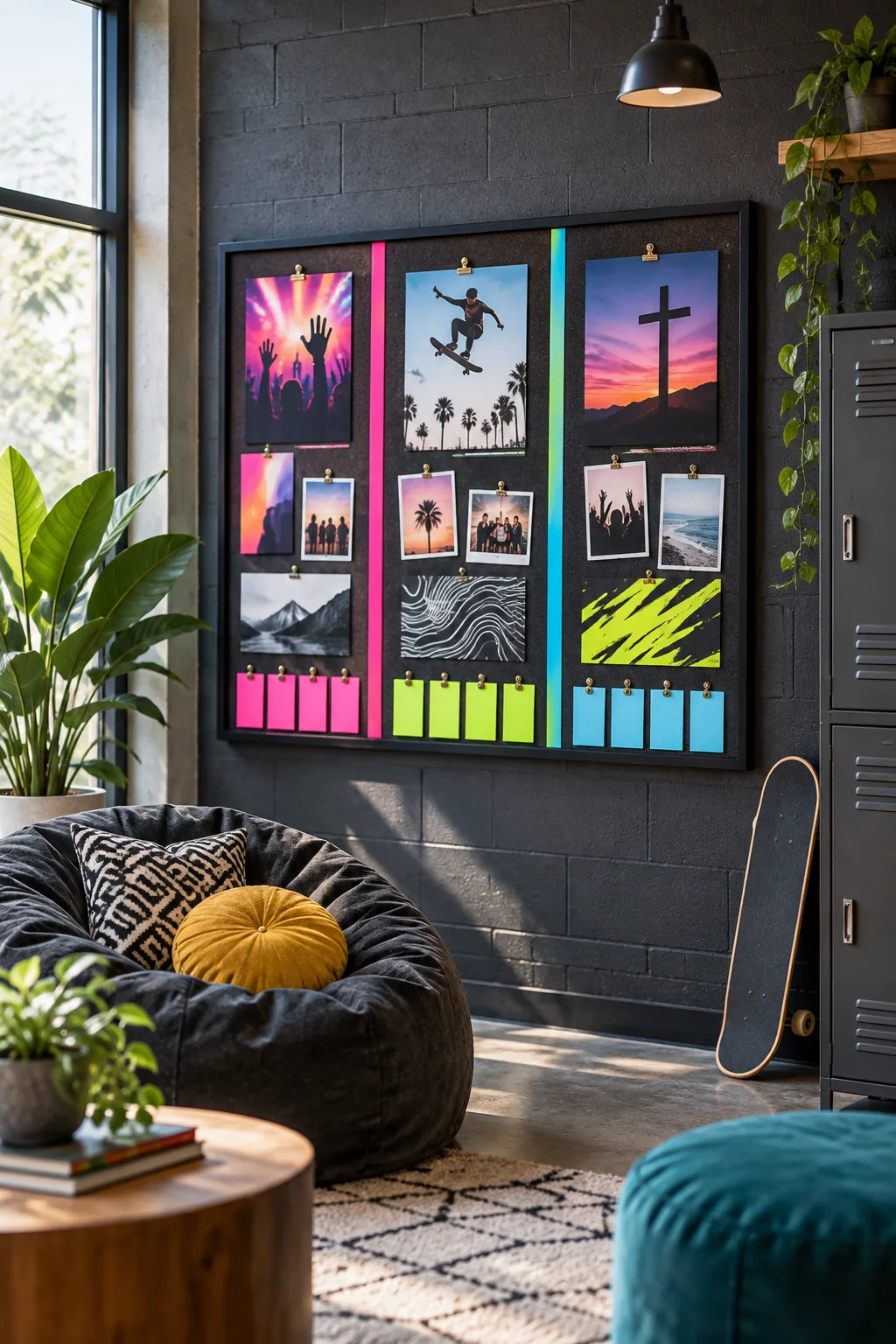 A modern youth room bulletin board with a matte black frame, charcoal felt, and neon color-blocked zones.