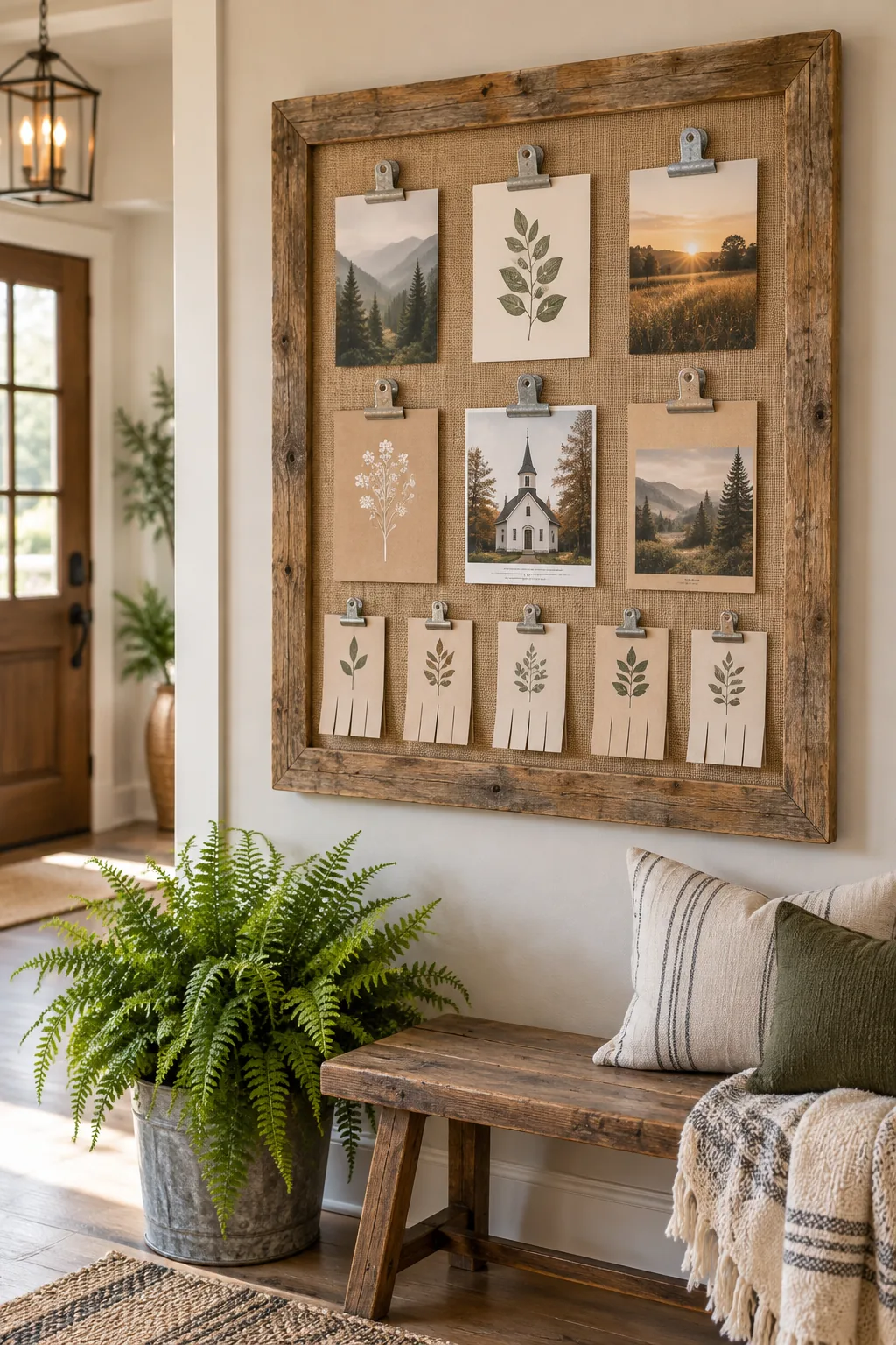 A rustic farmhouse bulletin board with a reclaimed wood border, burlap backing, and galvanized clips.