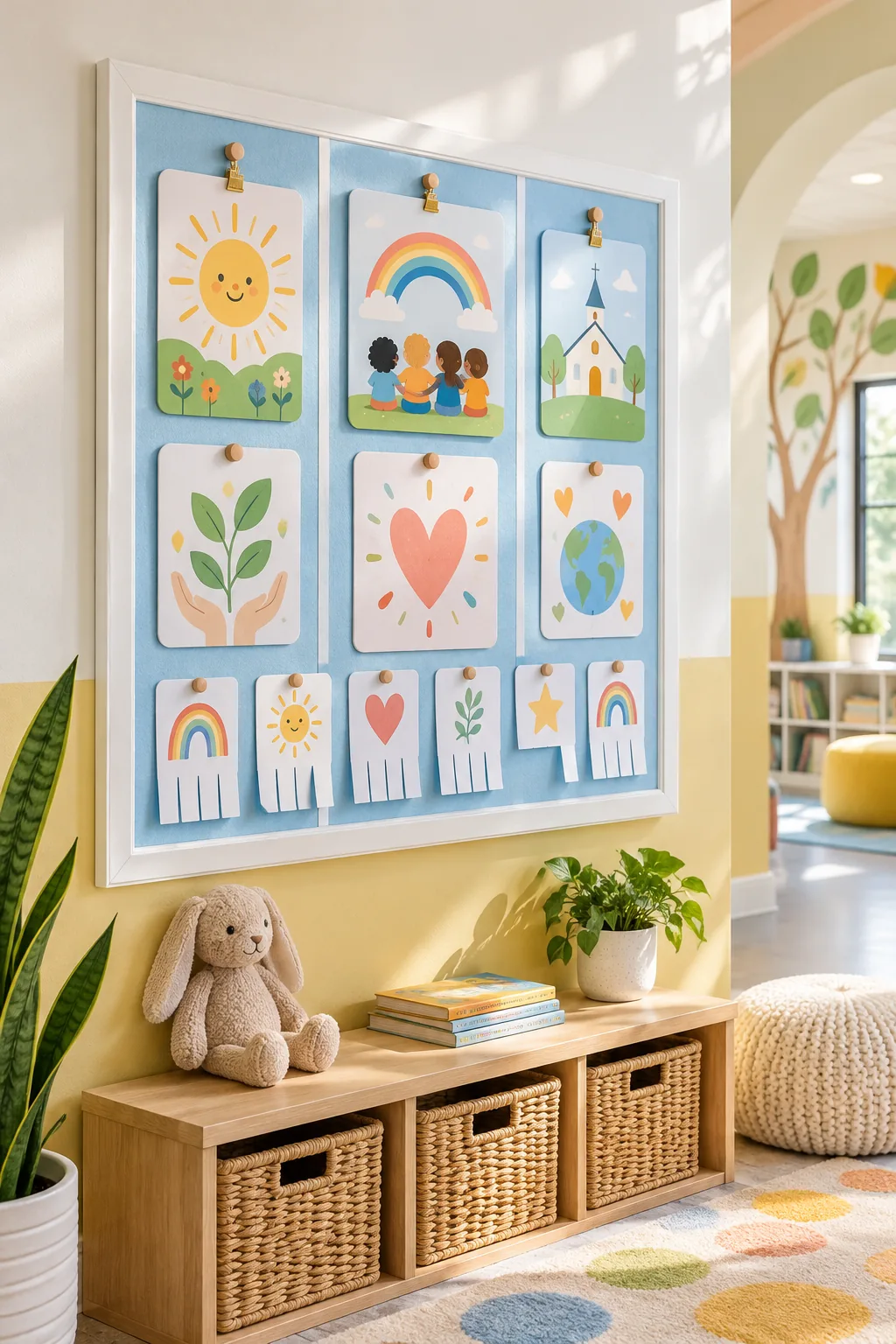 A kids ministry bulletin board with a white painted frame, pastel blue felt, and rounded flyers.