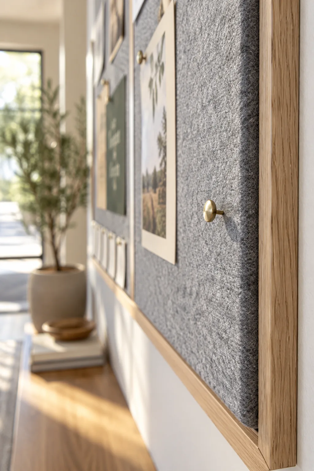 Close-up of thick grey felt stretched over a wooden bulletin board frame with a single brass push-pin.