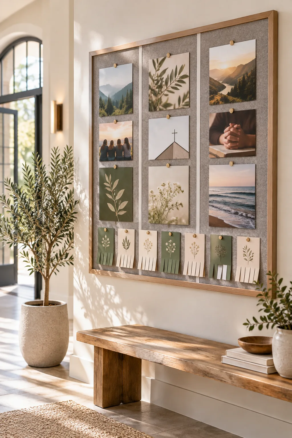 A fully styled church bulletin board divided into three neat vertical columns on a bright foyer wall.